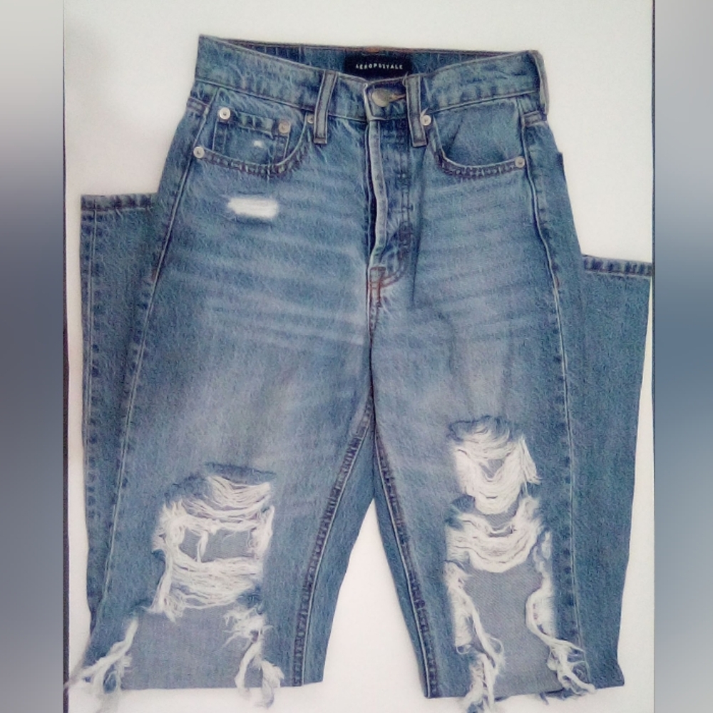 Aeropostale 90's Baggy 100% Cotton Blue Jeans Size 00 Distressed Retro Casual